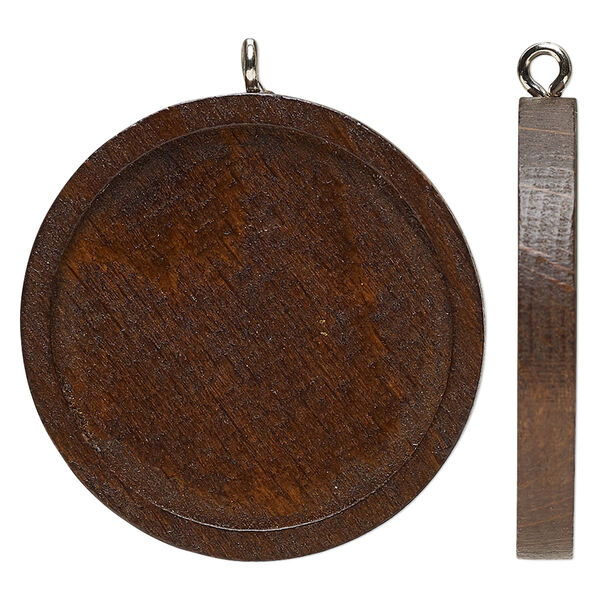 Focal, stained Japanese pagoda wood and stainless steel, dark brown, 35mm single-sided round with 30mm non-calibrated round glue-in setting. Sold per pkg of 8. image number 0