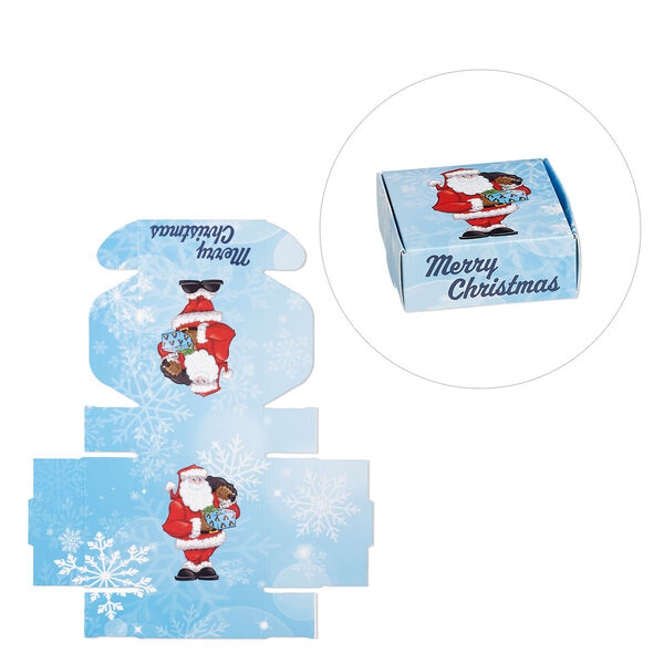 Box, paper, multicolored, 3x3x1-inch unassembled square with Santa Claus and snowflakes. Sold per pkg of 10. image number 0