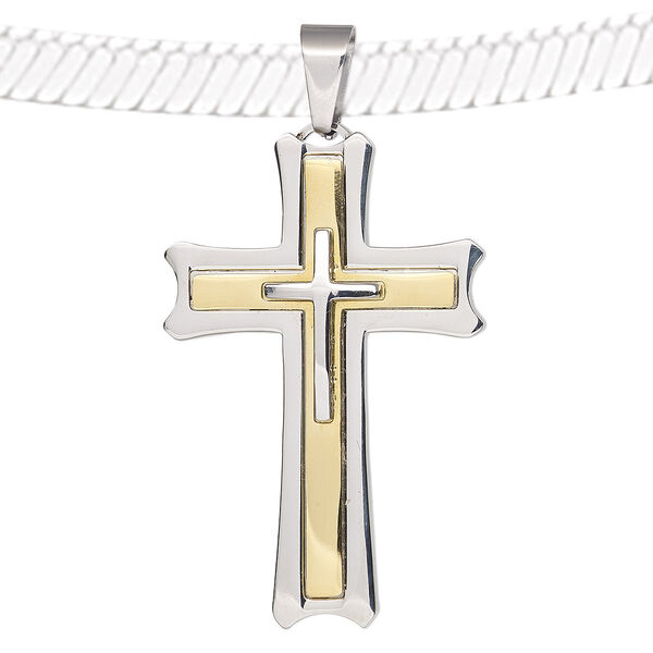 Pendant, stainless steel and gold-finished stainless steel, 57x36mm cross. Sold individually. image number 0