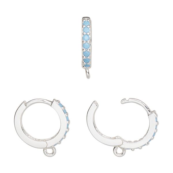 Hoop, silver-finished brass and glass, turquoise blue, 15mm hoop, 17 gauge. Sold per pair. image number 0