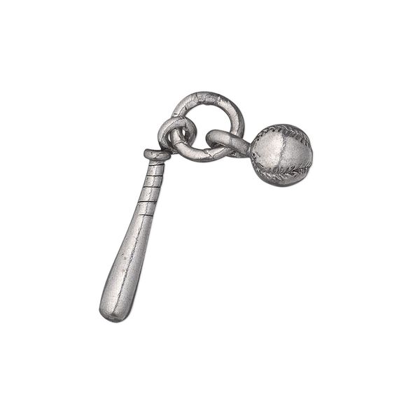 Charm, antiqued pewter (tin-based alloy), 7mm 3D baseball and 19x3.5mm 3D baseball bat. Sold individually. image number 0
