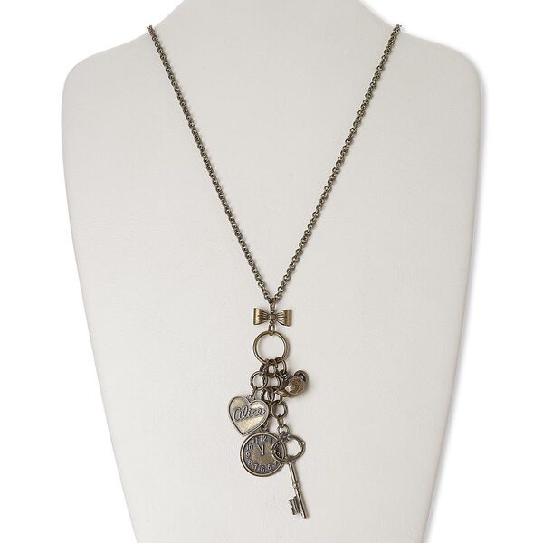 Necklace, glass rhinestone / antique brass-finished brass / steel / "pewter" (zinc-based alloy), 4-1/4 inch dangle with key and heart, 26 inches with 3-inch extender chain and lobster claw clasp. Sold individually. image number 0