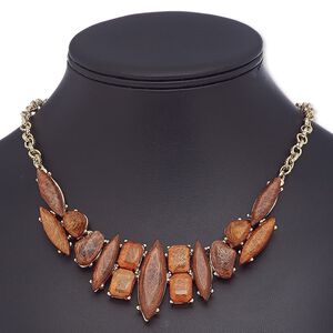 Necklace, resin with gold-finished steel and "pewter" (zinc-based alloy), copper and bronze, 18 inches with 2-inch extender chain and lobster claw clasp. Sold individually.