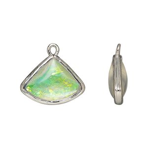 Drop, Opalized Ice™, "opal" (resin) and imitation rhodium-finished brass, opaque white, 19x15mm double-sided fan. Sold per pkg of 4.