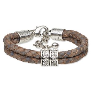 Bracelet, 2-strand, leather (dyed) / Czech glass rhinestone / antique silver-plated steel / "pewter" (zinc-based alloy), blue and clear, 11mm wide braided with 14mm rondelle, 7 inches with 1-1/2 inch extender chain and lobster claw clasp. Sold individually.