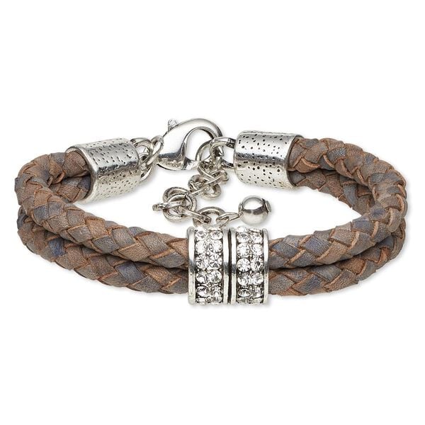 Bracelet, 2-strand, leather (dyed) / Czech glass rhinestone / antique silver-plated steel / "pewter" (zinc-based alloy), blue and clear, 11mm wide braided with 14mm rondelle, 7 inches with 1-1/2 inch extender chain and lobster claw clasp. Sold individually. image number 0