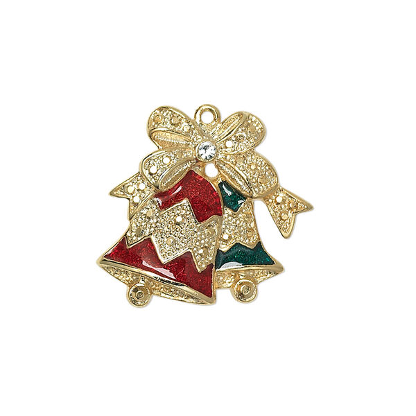 Charm, enamel / crystals / gold-finished "pewter" (zinc-based alloy), crystal clear / red / green, 21.5x21.5mm single-sided bells with a bow. Sold individually. image number 0