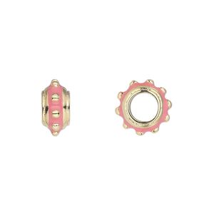 Bead, Dione®, gold-finished "pewter" (zinc-based alloy) and enamel, pink, 12x6mm beaded rondelle with 5mm hole. Sold individually.
