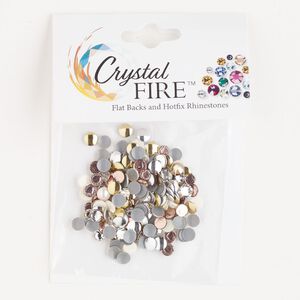 Flat back / rhinestud 1pkg200 mixed colors / platings, Crystal Fire® rhinestone / brass 3-4mm hotfix round / 4mm rose round SS12-SS16