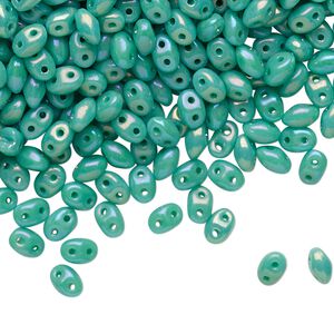 Bead, Preciosa Twin™, Pressed Twin, Czech pressed glass, opaque rainbow turquoise green, 5x2.5mm oval with (2) 0.7-0.8mm holes. Sold per 250-gram pkg.