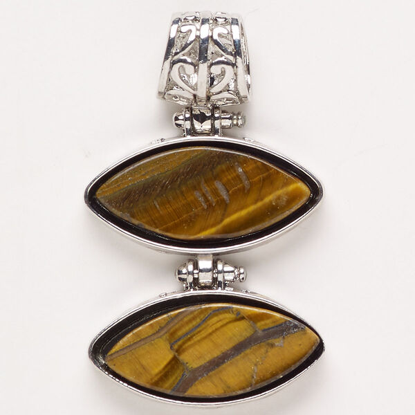 Pendant, silver-finished "pewter" (zinc-based alloy) / brass / tiger iron (natural), 50x30mm double flat marquise. Sold individually. image number 0