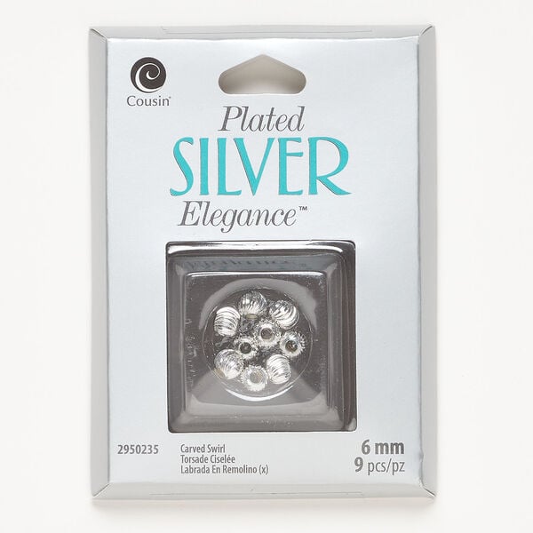 Bead 1pkg9, silver-plated copper, 6mm corrugated swirl round. image number 0