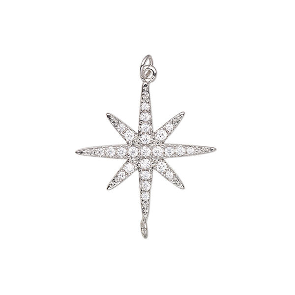 Charm, cubic zirconia and imitation rhodium-plated brass, clear, 21mm single-sided star with 3.5mm open jump ring. Sold individually. image number 0
