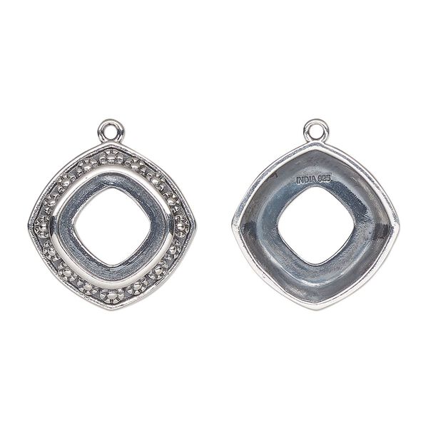Drop, Almost Instant Jewelry®, antiqued sterling silver, 17.5mm rounded diamond with 10mm cushion setting and flower design with open back. Sold individually. image number 0
