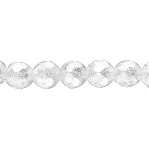 Bead, glass, translucent light silver, 7-8mm faceted round with glitter. Sold per 8-inch strand, approximately 25 beads.