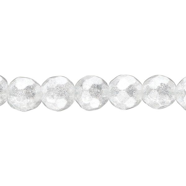 Bead, glass, translucent light silver, 7-8mm faceted round with glitter. Sold per 8-inch strand, approximately 25 beads. image number 0