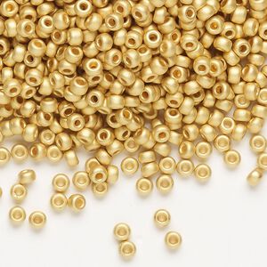 Seed bead, Miyuki, glass, pkg/4g, #8 rocaille, opaque 24Kt gold-plated matte (RR-191F).