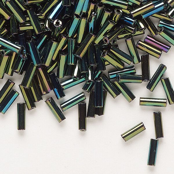 Bead, Preciosa Ornela Czech glass, bugle bead, pkg/500g, #3, green iris opaque black, (59155). image number 0