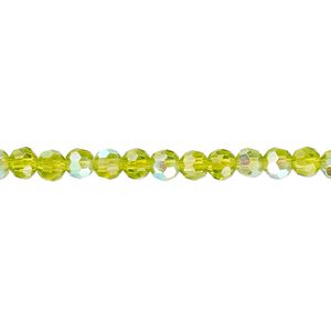 Bead 1pk 32 facets translucent peridot green AB, Celestial Crystal® 4mm round 15.5-16 inch