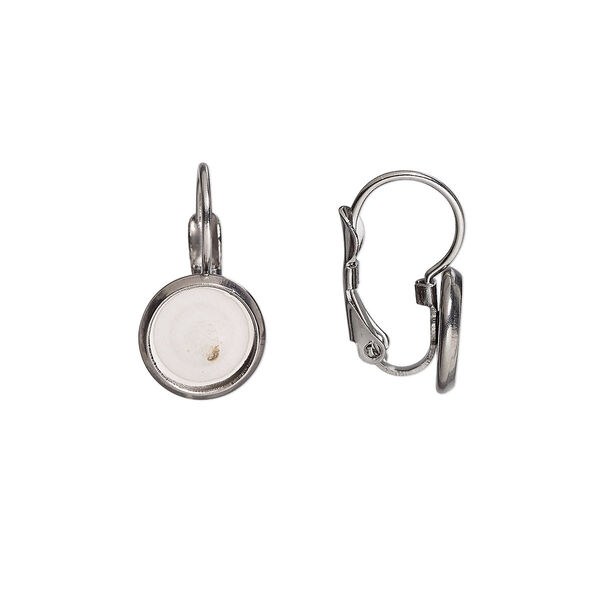 Ear wire, glue-in, stainless steel, 16.5mm leverback with 8mm round setting. Sold per pkg of 2 pairs. image number 0