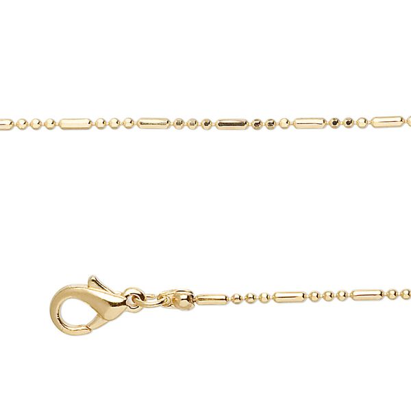 Chain, gold-finished brass, 1mm 3+1 bead, 18 inches with 1-inch extender chain and lobster claw clasp. Sold per pkg of 4. image number 0