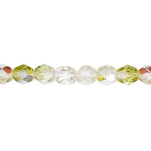 Bead, Czech fire-polished glass, two-tone, transparent clear and peridot green AB, 6mm faceted round. Sold per 15-1/2" to 16" strand.