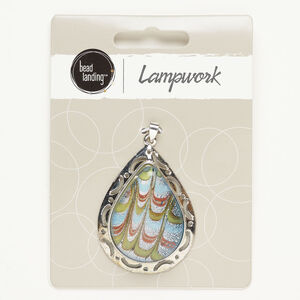 Pendant, silver-finished "pewter" (zinc-based alloy) and lampworked glass, light blue and light green, 44x34mm teardrop with copper-colored and silver-colored glitter. Sold individually.