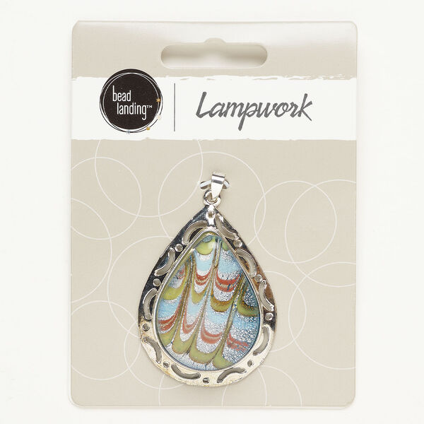 Pendant, silver-finished "pewter" (zinc-based alloy) and lampworked glass, light blue and light green, 44x34mm teardrop with copper-colored and silver-colored glitter. Sold individually. image number 0