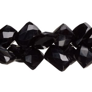 Black onyx 1pkg1, hand-cut corner-drilled faceted puffed square bead 8 inch 9x8mm-16x10mm
