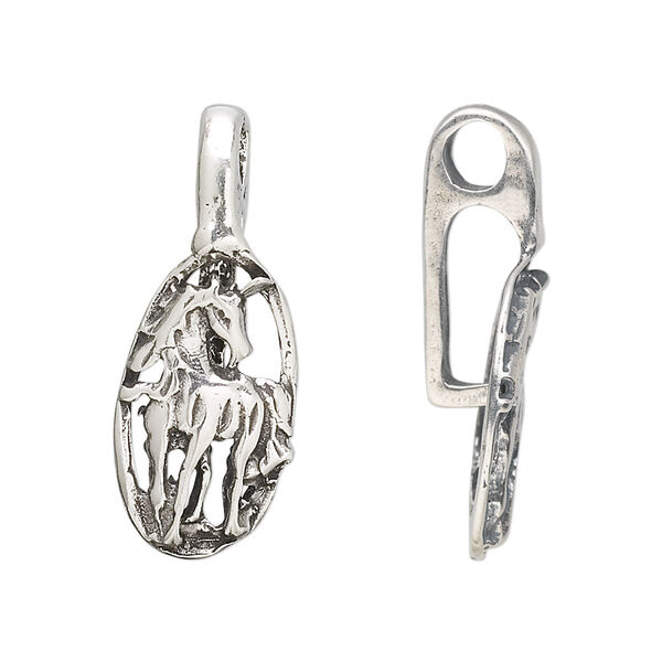 Bail, donut, antiqued sterling silver, 30x12mm unicorn, 10mm grip length. Sold individually. image number 0
