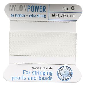 Thread, Griffin, nylon, white, size #6. Sold per 2-meter card (approximately 78 inches).