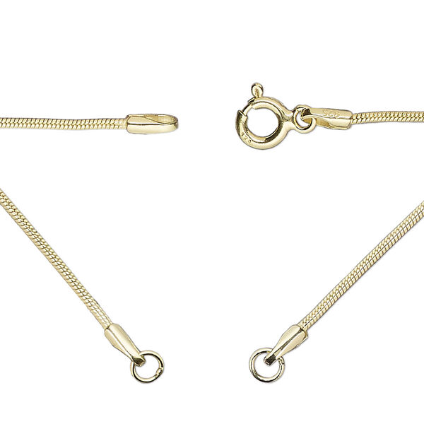 Sterling silver "vermeil" 1pkg1, 1.1mm snake chain necklace component, 18.75 inch / 5mm springring clasp / 3.5mm jump ring gold-plated image number 0