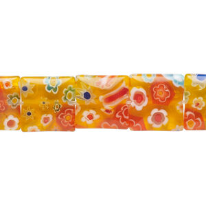 Bead, millefiori glass, translucent orange and multicolored, 11mm-13x12mm puffed square with flower design. Sold per 14-inch strand.