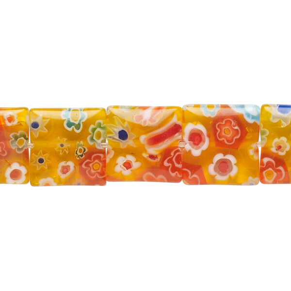 Bead, millefiori glass, translucent orange and multicolored, 11mm-13x12mm puffed square with flower design. Sold per 14-inch strand. image number 0