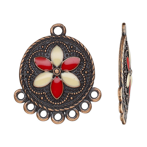 Drop, antique copper-finished "pewter" (zinc-based alloy) and resin, cream and red, 23mm single-sided domed round with flower and 7 closed loops. Sold per pkg of 4. image number 0
