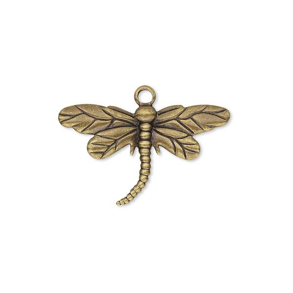 Charm, antique gold-plated brass, 26x15mm single-sided dragonfly. Sold per pkg of 100. image number 0