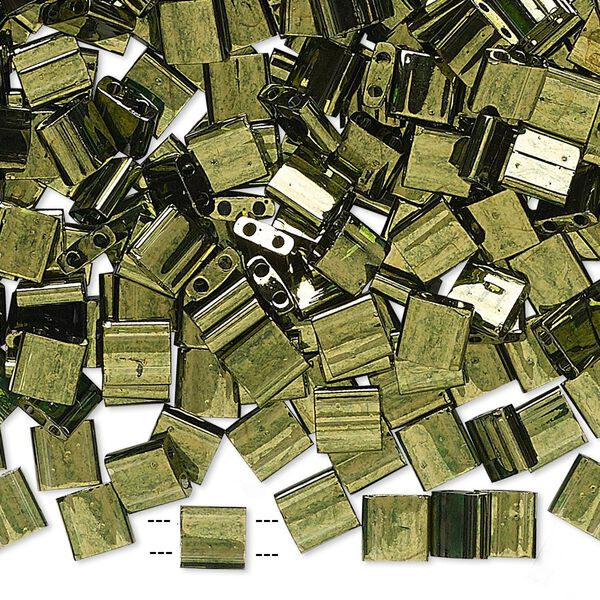 Seed bead, TILA®, glass, pkg/40g, 5mm full tila square, translucent luster olive green, (TL-306). image number 0