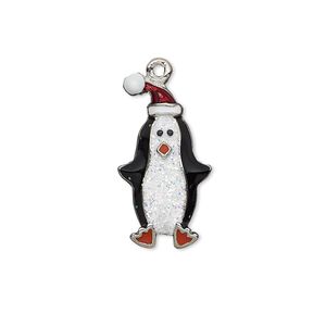Charm, enamel and imitation rhodium-plated "pewter" (zinc-based alloy), black / white / red with glitter, 24x13mm single-sided penguin with hat. Sold individually.