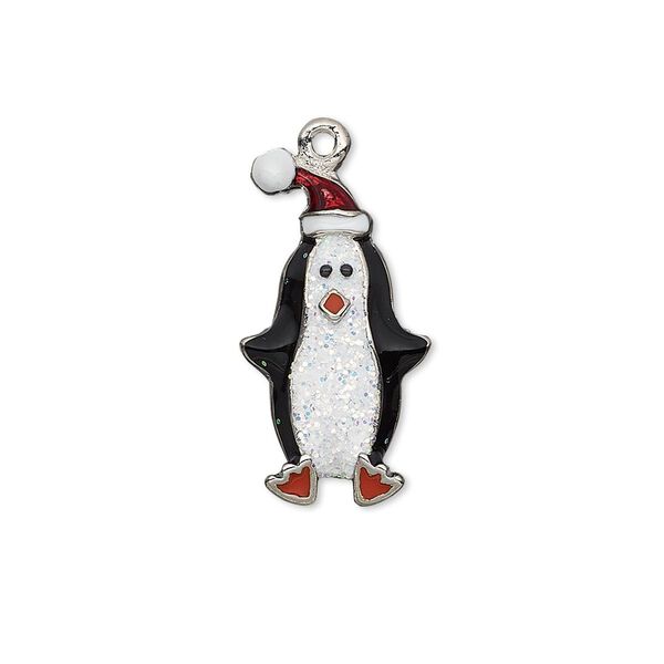 Charm, enamel and imitation rhodium-plated "pewter" (zinc-based alloy), black / white / red with glitter, 24x13mm single-sided penguin with hat. Sold individually. image number 0