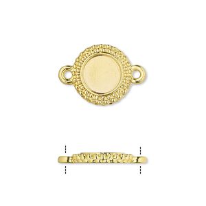 Link, gold-finished brass, 13mm single-sided beaded round with 8mm round setting. Sold per pkg of 10.