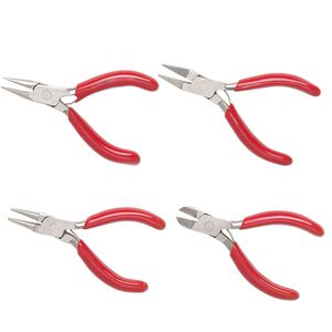 Pliers set, EUROTOOL®, chain-nose / flat-nose / round-nose / side-cutter, stainless steel and PVC, red, 3 inches. Sold per 4-piece set.