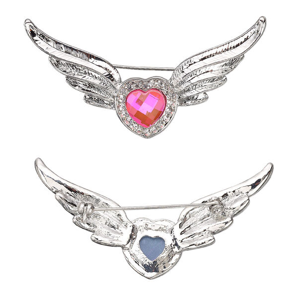 Brooch, glass rhinestone / glass / imitation rhodium-plated "pewter" (zinc-based alloy), pink and clear, 69x29mm heart with wings. Sold individually. image number 0