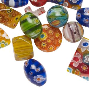 Bead mix, millefiori glass, opaque to transparent multicolored, 17x13mm-26x16mm mixed shapes. Sold per 4-ounce pkg, approximately 35 beads.