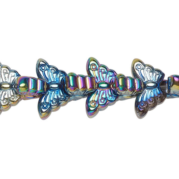 Bead, pressed glass, opaque iris multicolored, 15 x 8mm butterfly. Sold per 8-inch strand, approximately 35 beads. image number 0