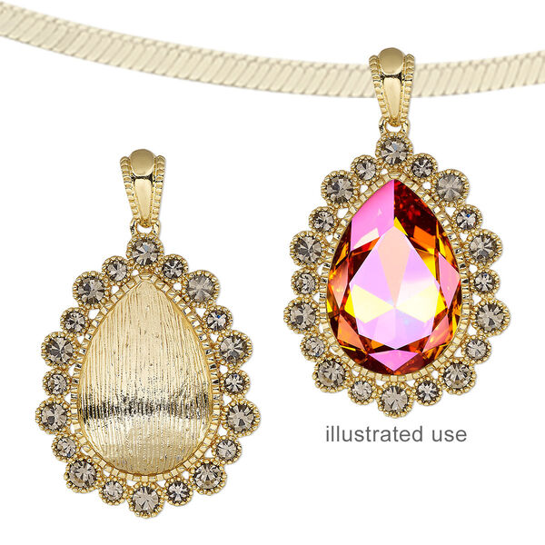Pendant, Almost Instant Jewelry®, crystals and gold-finished "pewter" (zinc-based alloy), black diamond, 44x35mm teardrop with 30x20mm pear setting. Sold individually. image number 0
