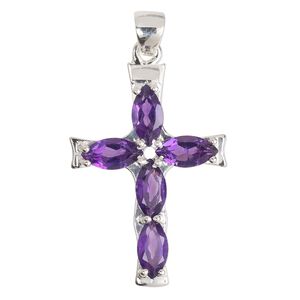 Pendant, sterling silver and amethyst (natural), 8x4mm faceted marquise, 36x20mm. Sold individually.