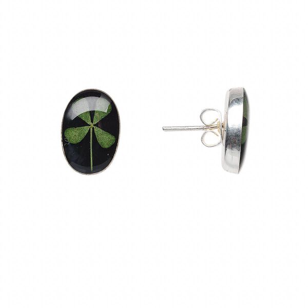 Earring, resin / four-leaf clover / sterling silver, green and black, 14x10mm oval. Sold per pair. image number 0