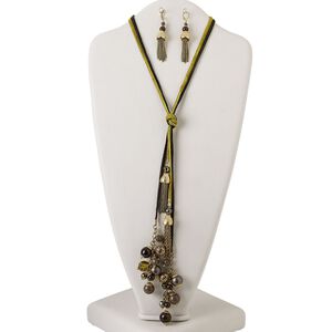 Necklace and earring set, antiqued brass-finished steel and aluminum / gold-finished brass and steel / polyester / aluminum / acrylic / glass, black and green, multi-shape, 24-inch lariat, 2-7/8 inch earrings with leverback ear wire. Sold per set.