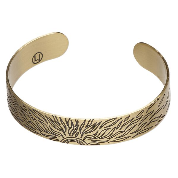 Bracelet cuff 1pkg1 antique gold-finished brass, black, 12mm wide with sunshine design on outside / "Today I will shine" on inside. image number 0