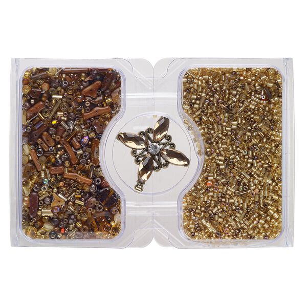 Pendant and bead mix, antique brass-finished "pewter" (zinc-based alloy) and glass, opaque to transparent multi-brown, 38mm star and 15/0 to 10mm mixed shapes. Sold per 100-gram pkg, approximately 2,500 beads. image number 0
